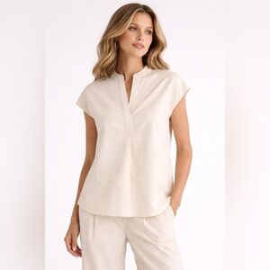 Vince Linen Blend Top Light Oat Neutral Minimalist Size M
